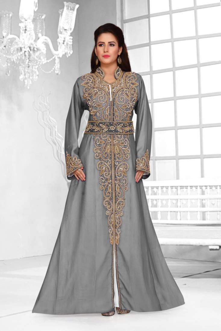 Grey & White color luxurious Full Sleeves Handmade Moroccan Kaftan .