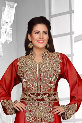 Maroon & White color Full Sleeves Handmade Moroccan Kaftan 