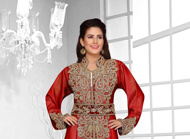 Maroon & White color luxurious Full Sleeves Handmade Moroccan Kaftan .