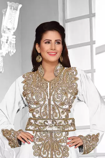 Off White & White color Full Sleeves Handmade Moroccan Kaftan 