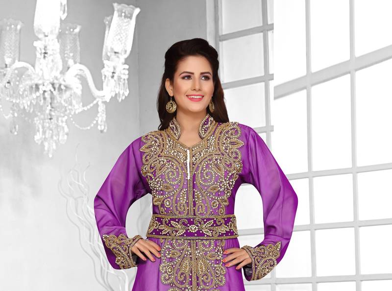 Purple & White color luxurious Full Sleeves Handmade Moroccan Kaftan .