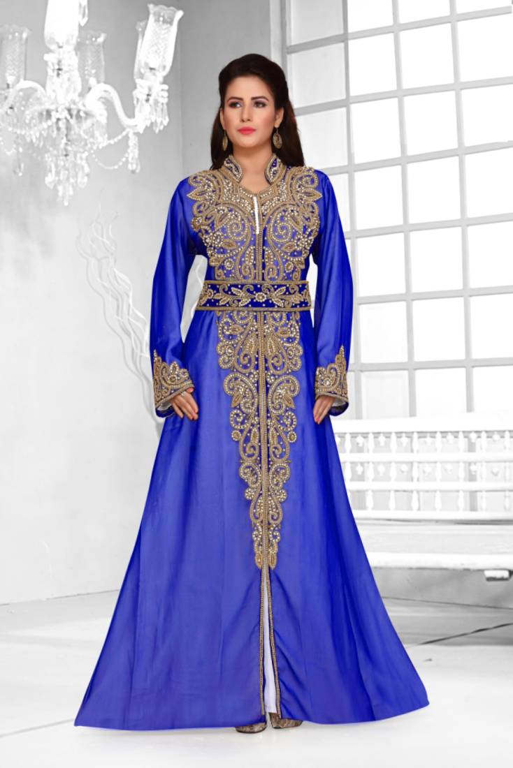 Royal Blue & White color luxurious Full Sleeves Handmade Moroccan Kaftan .