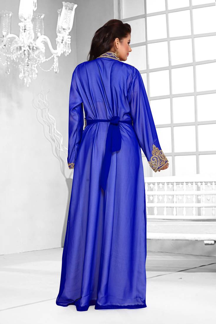 Royal Blue & White color luxurious Full Sleeves Handmade Moroccan Kaftan .