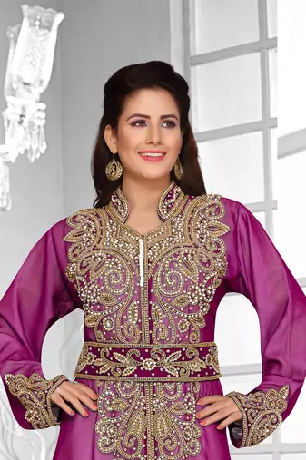 Wine & White color Full Sleeves Handmade Moroccan Kaftan 