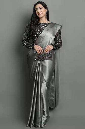 BOLLYWOOD STYLE DESIGNER SATIN SILK SAREE PARTY WEAR SAREE EXCLUSIVE SAREE WITH SEQUENCE WORK SAREE AND BLOUSE