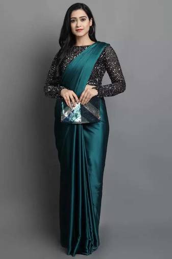 BOLLYWOOD STYLE DESIGNER SATIN SILK SAREE PARTY WEAR SAREE EXCLUSIVE SAREE WITH SEQUENCE WORK SAREE AND BLOUSE