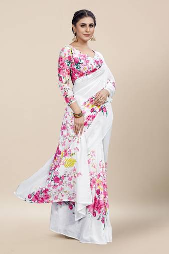 White Printed Cotton Saree With Blouse