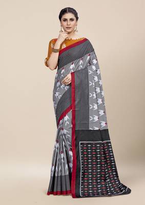 Grey Printed Cotton Saree With Blouse 1