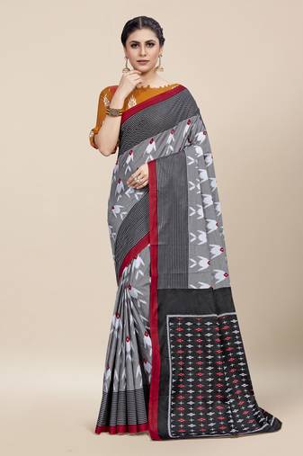 Grey Printed Cotton Saree With Blouse