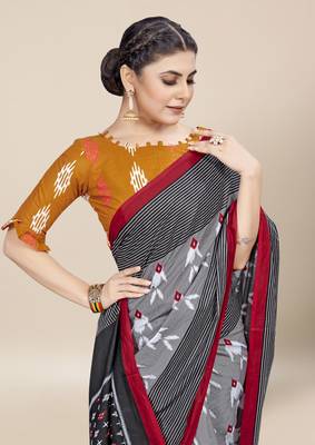 Grey Printed Cotton Saree With Blouse 3
