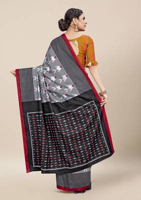 Grey Printed Cotton Saree With Blouse 4