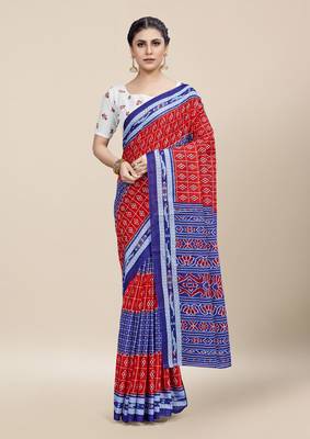 Red Printed Cotton Saree With Blouse 1