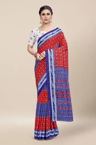 Red Printed Cotton Saree With Blouse