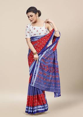 Red Printed Cotton Saree With Blouse 3
