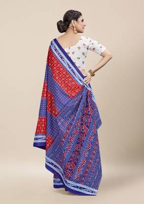 Red Printed Cotton Saree With Blouse 4