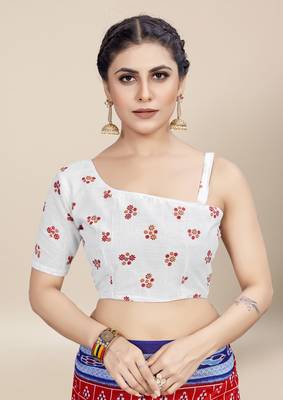 Red Printed Cotton Saree With Blouse 5