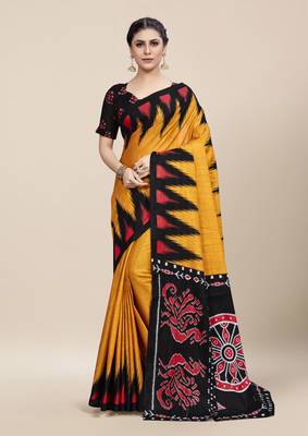 Yellow Printed Cotton Saree With Blouse 1