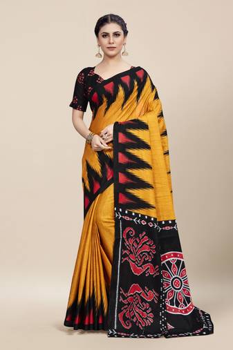 Yellow Printed Cotton Saree With Blouse