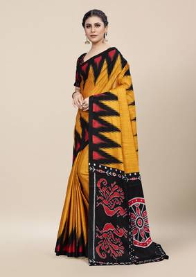 Yellow Printed Cotton Saree With Blouse 2