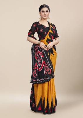Yellow Printed Cotton Saree With Blouse 3