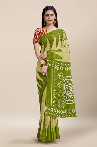 Green Printed Cotton Saree With Blouse