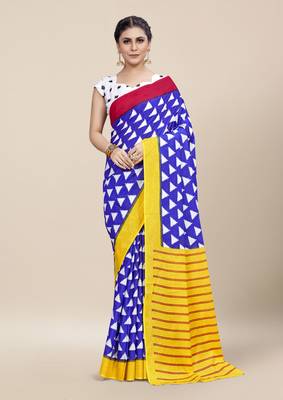 Blue Printed Cotton Saree With Blouse 1