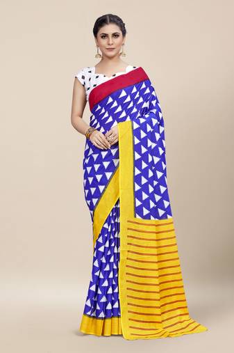 Blue Printed Cotton Saree With Blouse