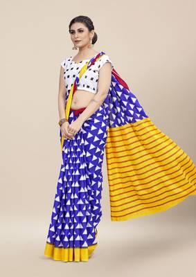 Blue Printed Cotton Saree With Blouse 3