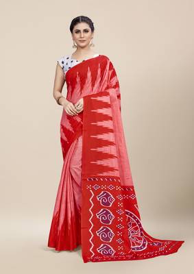 Red Printed Cotton Saree With Blouse 1