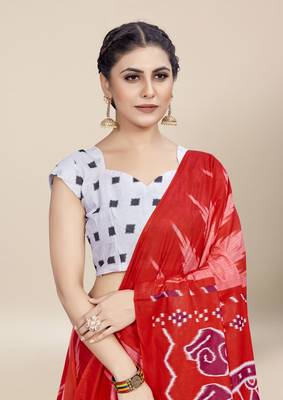 Red Printed Cotton Saree With Blouse 3
