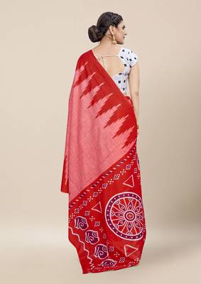 Red Printed Cotton Saree With Blouse 4
