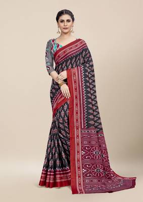 Black Printed Cotton Saree With Blouse 1