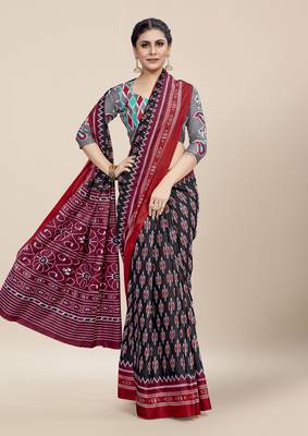 Black Printed Cotton Saree With Blouse 3