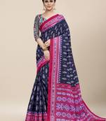 Navy Blue Printed Cotton Saree With Blouse