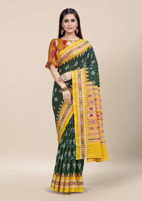 Teal Printed Cotton Saree With Blouse 1