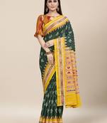 Teal Printed Cotton Saree With Blouse