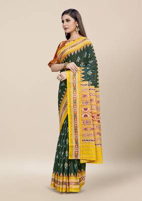 Teal Printed Cotton Saree With Blouse 2