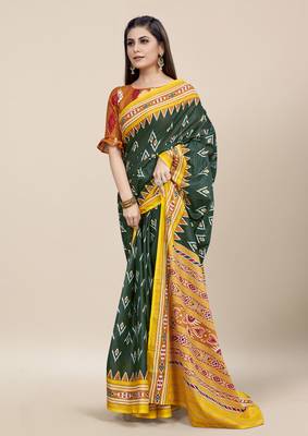 Teal Printed Cotton Saree With Blouse 3