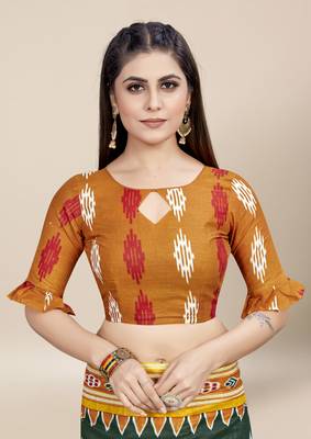 Teal Printed Cotton Saree With Blouse 5