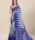 Blue Printed Cotton Saree With Blouse