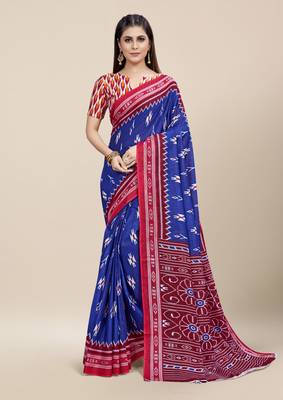 Blue Printed Cotton Saree With Blouse 1