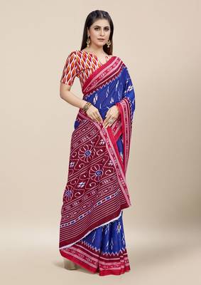 Blue Printed Cotton Saree With Blouse 3