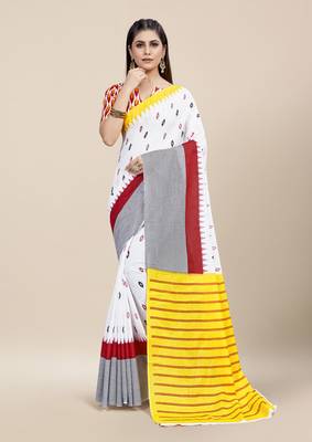 White Printed Cotton Saree With Blouse 1