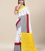 White Printed Cotton Saree With Blouse