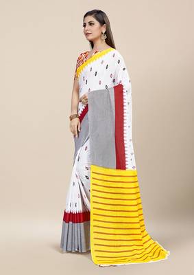 White Printed Cotton Saree With Blouse 2