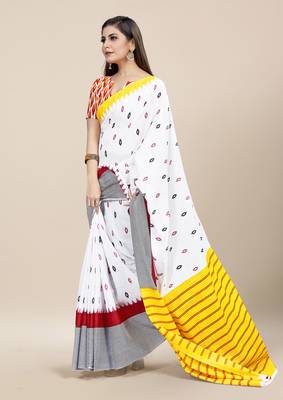 White Printed Cotton Saree With Blouse 3