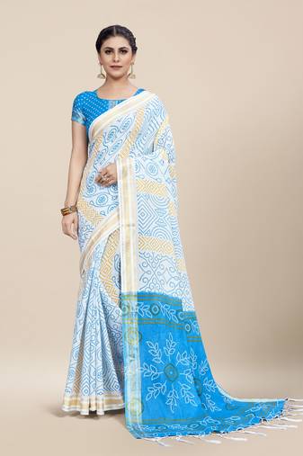 White Printed Cotton Saree With Blouse