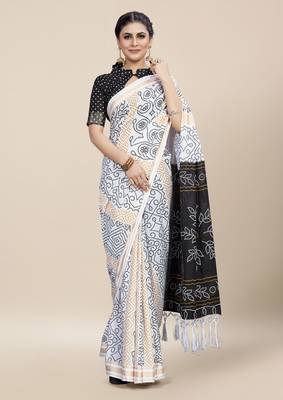 White Printed Cotton Saree With Blouse 1