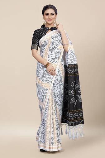 White Printed Cotton Saree With Blouse