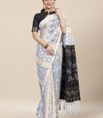 White Printed Cotton Saree With Blouse